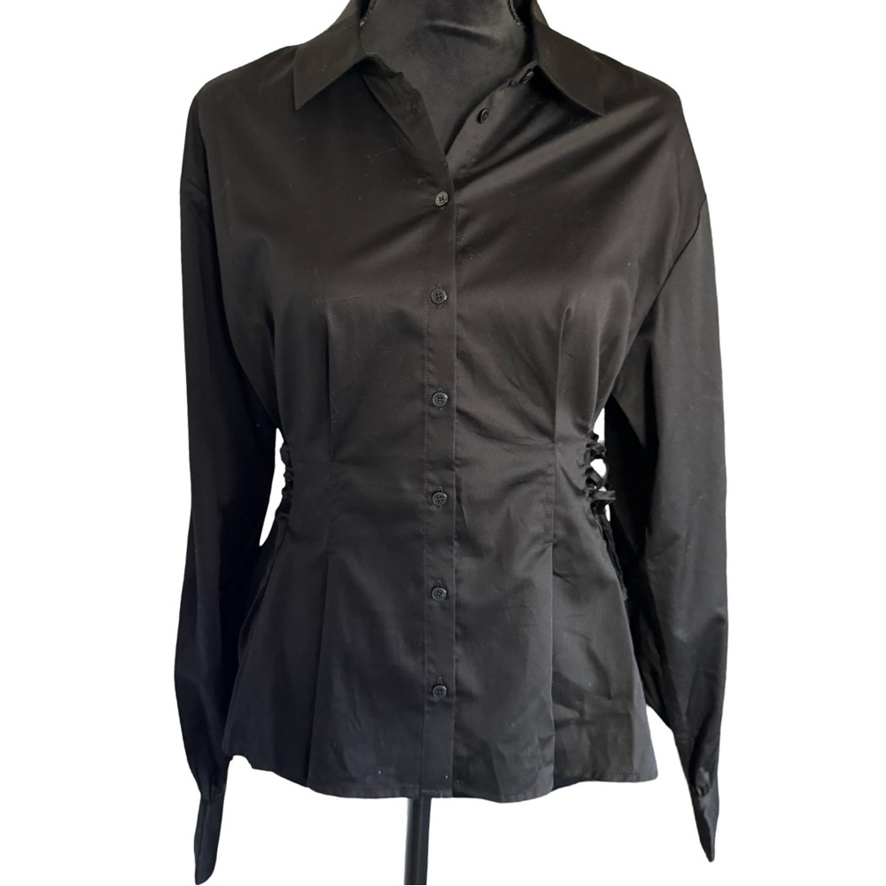 GUESS Black Lace Up Waist Button Down Blouse Size M Cotton Peplum Top NWT - Picture 2 of 8